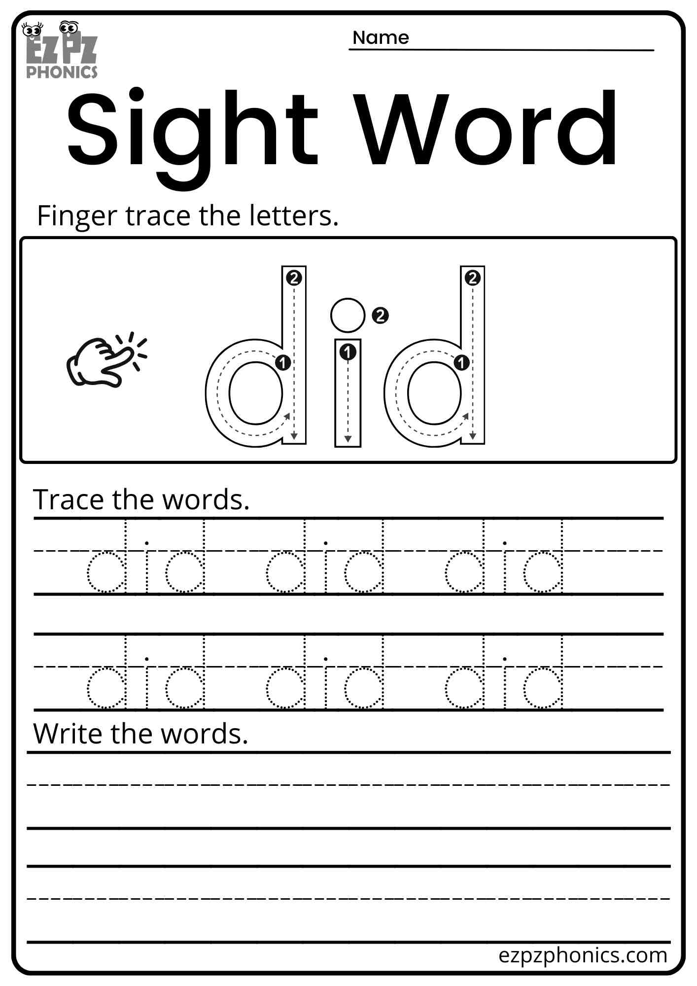 "Did" Dolch Kindergarten Sight Word Trace and Write Worksheet PDF Download